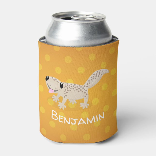 Cute spotted tan gecko cartoon illustration can cooler (Can Front)