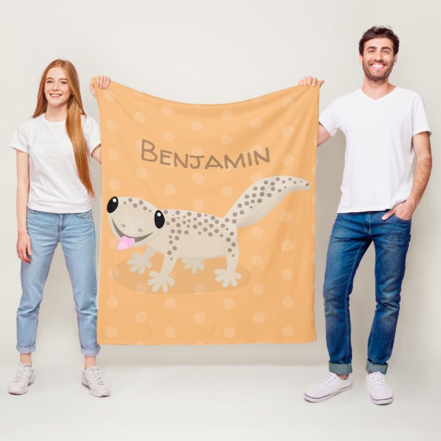 Cute spotted tan gecko cartoon illustration fleece blanket (In Situ)