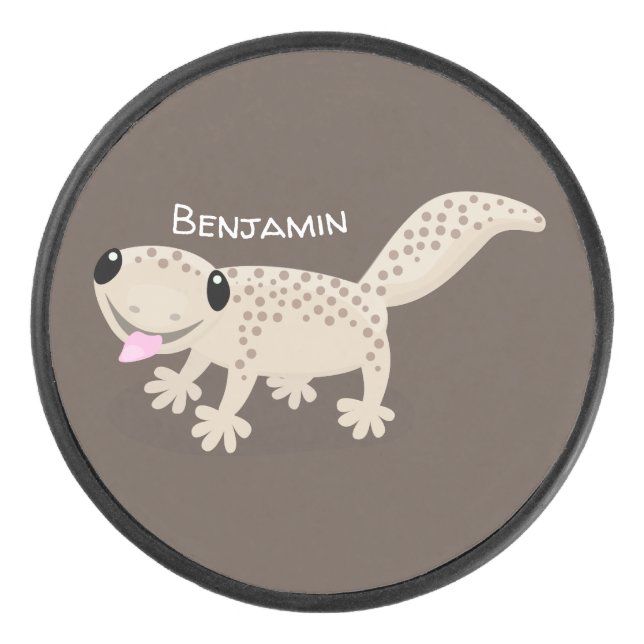 Cute spotted tan gecko cartoon illustration hockey puck (Front)