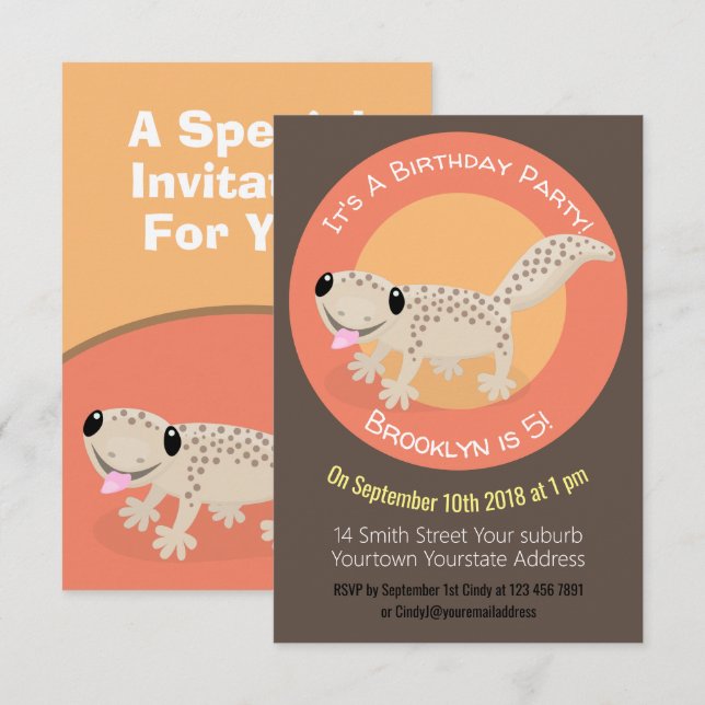 Cute spotted tan gecko cartoon illustration invita invitation (Front/Back)