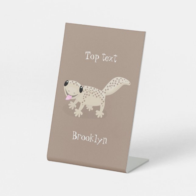 Cute spotted tan gecko cartoon illustration pedestal sign (Front)
