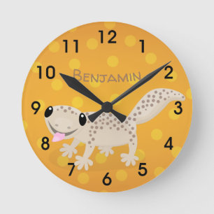 Cute spotted tan gecko cartoon illustration round  clock