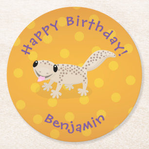 Cute spotted tan gecko cartoon illustration round paper coaster