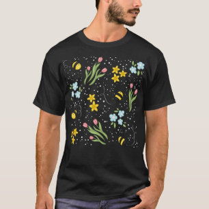 Cute Spring Bee Tulips and Daffodils Flower Patter T-Shirt