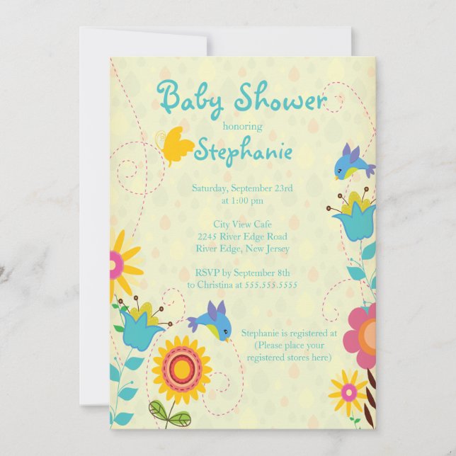 Cute Spring Birds & Flowers Baby Shower Invitation (Front)