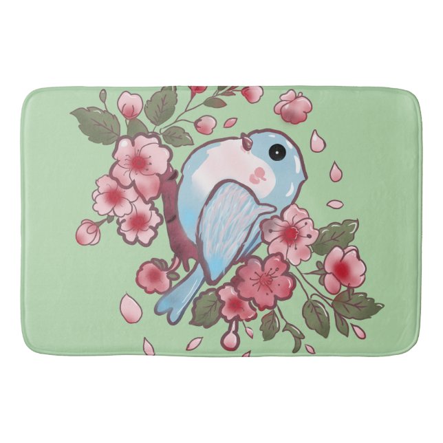Cute Spring Bluebird & Cherry Blossom Watercolor A Bath Mat (Front)