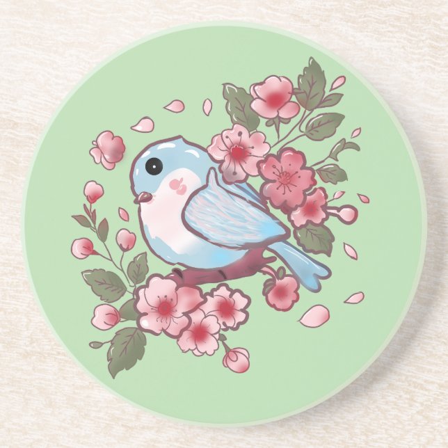 Cute Spring Bluebird & Cherry Blossom Watercolor A Coaster (Front)