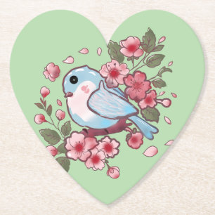 Cute Spring Bluebird & Cherry Blossom Watercolor A Paper Coaster