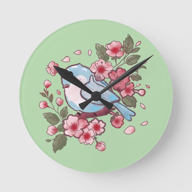 Cute Spring Bluebird & Cherry Blossom Watercolor A Round Clock (Front)