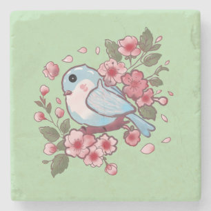 Cute Spring Bluebird & Cherry Blossom Watercolor A Stone Coaster