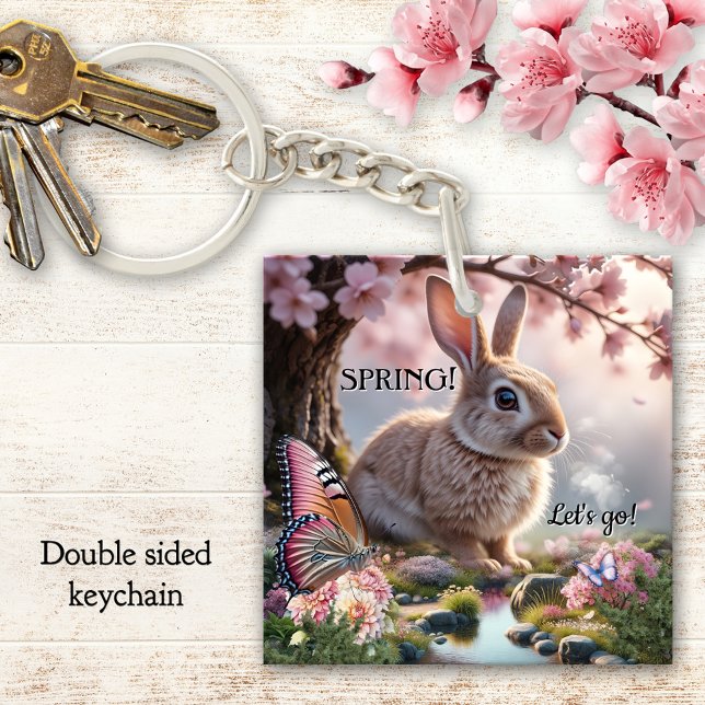 Cute Spring Bunny Butterfly Nature Key Ring (Butterfly and bunny spring keychain celebrating nature with cherry blossoms)