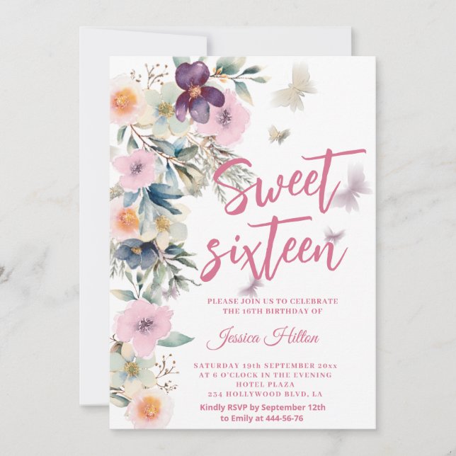 Cute Spring Butterfly boho floral sweet 16 Invitation (Front)
