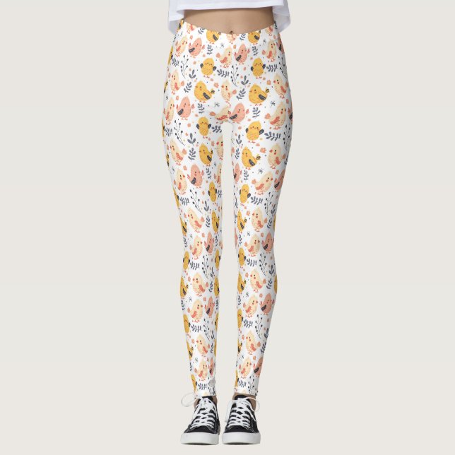 Cute Spring Chicks and Floral Pattern Leggings (Front)