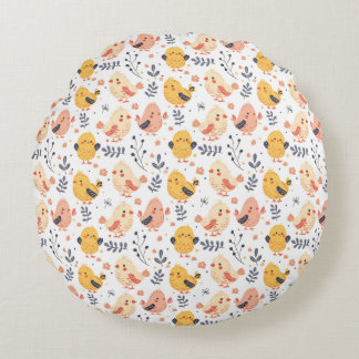 Cute Spring Chicks and Floral Pattern Round Cushion