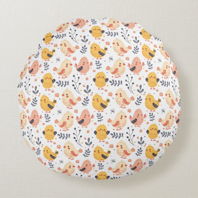 Cute Spring Chicks and Floral Pattern Round Cushion (Front)