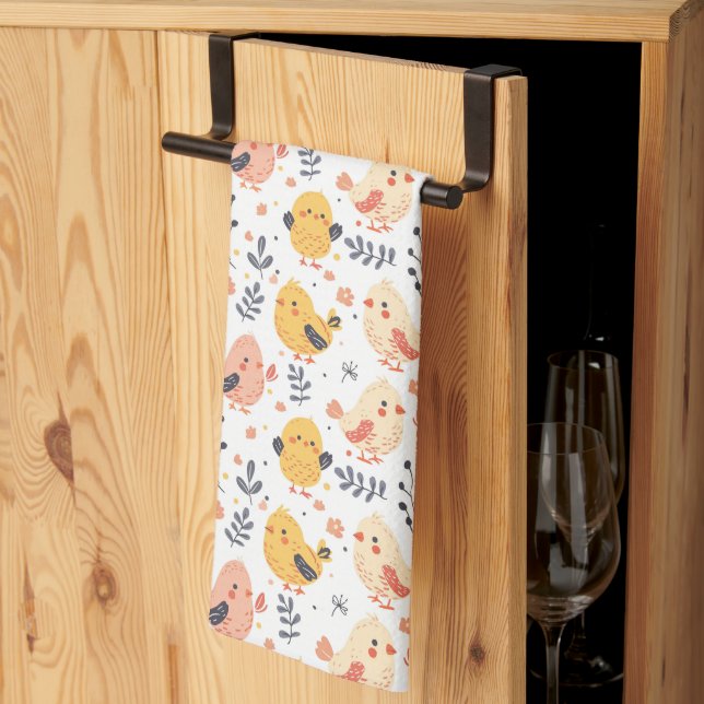 Cute Spring Chicks and Floral Pattern Tea Towel (Thirds Fold)
