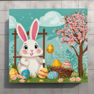 Cute Spring Easter Bunny Eggs Floral Illustration  Poster