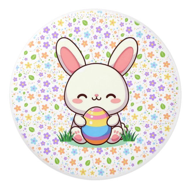 Cute spring/Easter bunny with egg Ceramic Knob (Front)