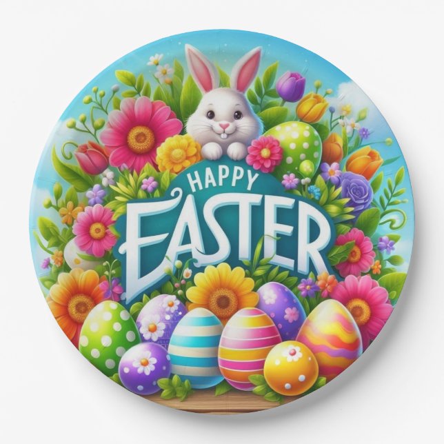 Cute spring/Easter bunny with egg Paper Plate (Front)