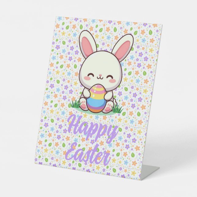 Cute spring/Easter bunny with egg Pedestal Sign (Front)