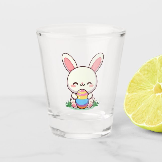 Cute spring/Easter bunny with egg Shot Glass (Front)