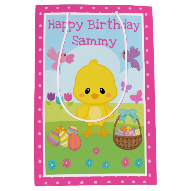 Cute Spring Easter Chick & Chocolate Eggs Birthday Medium Gift Bag (Front)