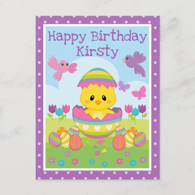 Cute Spring Easter Chick & Chocolate Eggs Birthday Postcard (Front)