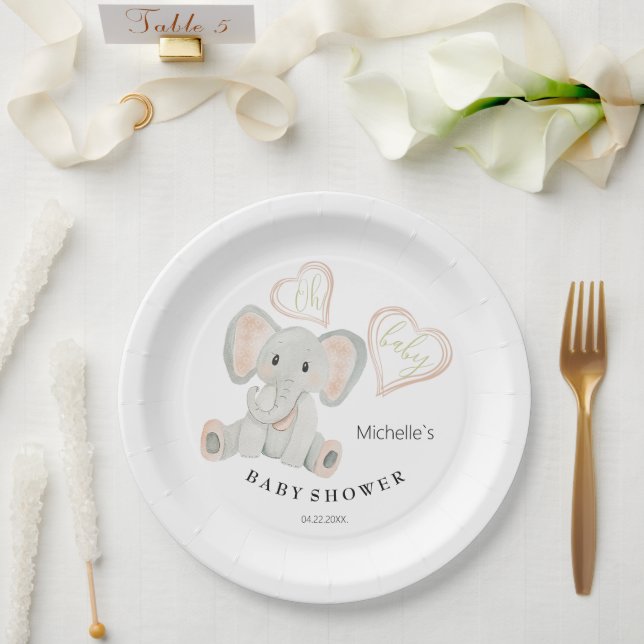 Cute Spring Elephant Watercolor Illustration Paper Plate (Wedding)