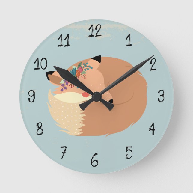 Cute Spring Leaves and Fox Woodland Round Clock (Front)