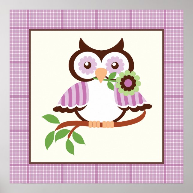 Cute spring owl on a branch poster print (Front)