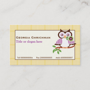 Cute spring owl on a branch, yellow plaid border business card