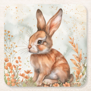 Cute Spring Rabbit Square Paper Coaster