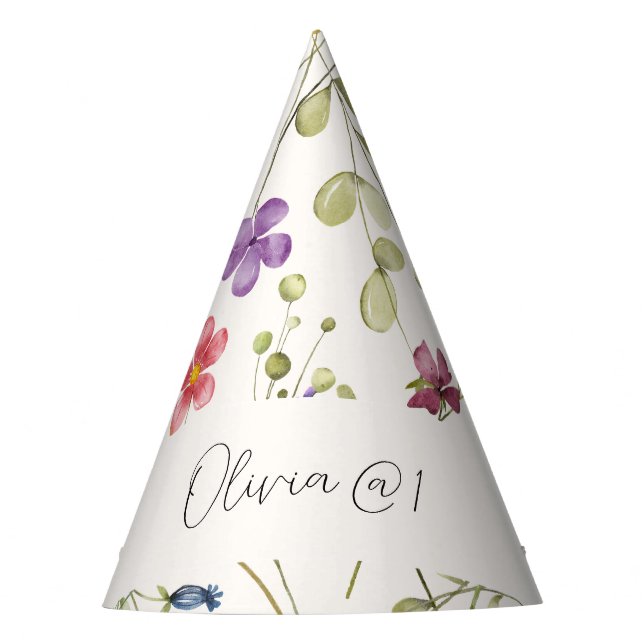Cute Spring Watercolor Flower 1st Birthday Party Hat (Front)