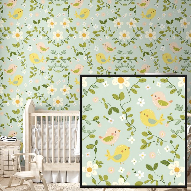 Cute Springtime Flowers & Birds on Soft Green Wallpaper (Creator Uploaded)