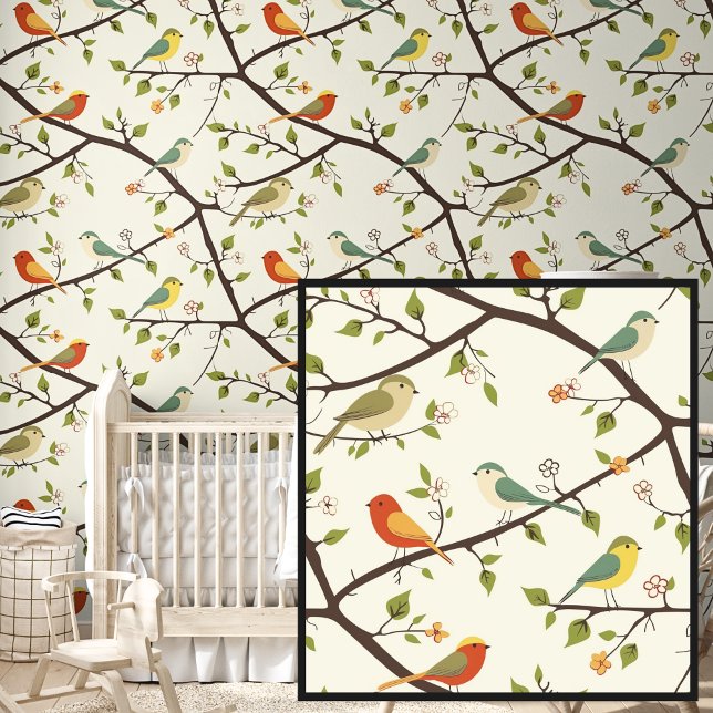 Cute Springtime Red Green Birds on Cream Wallpaper (Creator Uploaded)