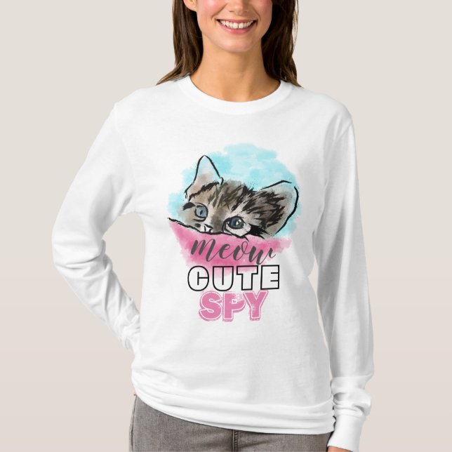 "CUTE SPY" | Funny Cute Kitten Pink Blue T-Shirt (Front)