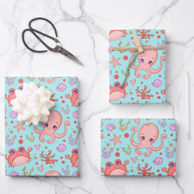 Cute Squid and Crab Marine Life Blue Wrapping Paper Sheet (Front)