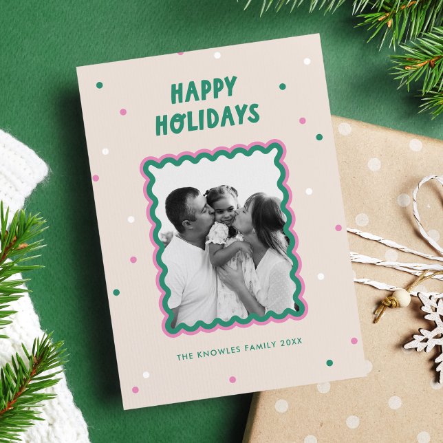 Cute Squiggle Frame Pink + Green Happy Holiday Card (cute and fun holiday photo card with squiggle frame in pink and green)