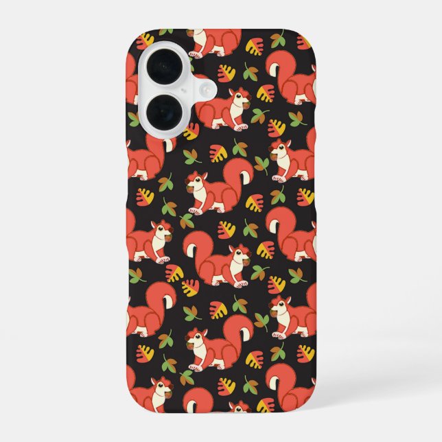 Cute Squirrel and Autumn Leaf Pattern iPhone 16 Case (Back)