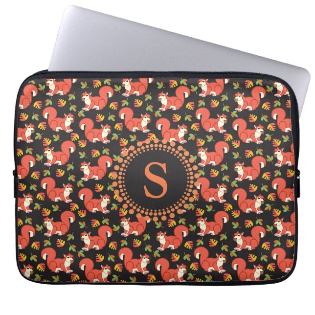 Cute Squirrel and Autumn Leaf Pattern Monogram Laptop Sleeve (Front)