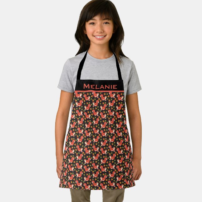 Cute Squirrel and Autumn Leaf Pattern Personalised Apron (Insitu)