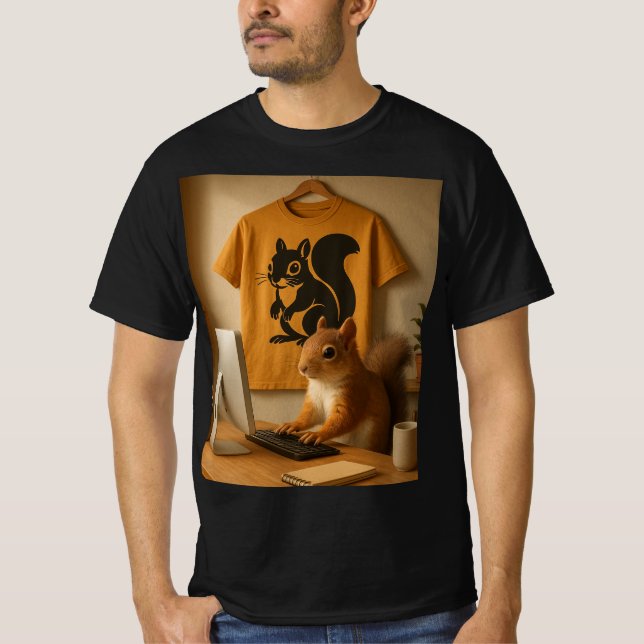 Cute Squirrel and Laptop Graphic T-Shirt (Front)