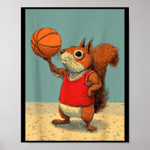 Cute squirrel animal funny basketball cartoon poster