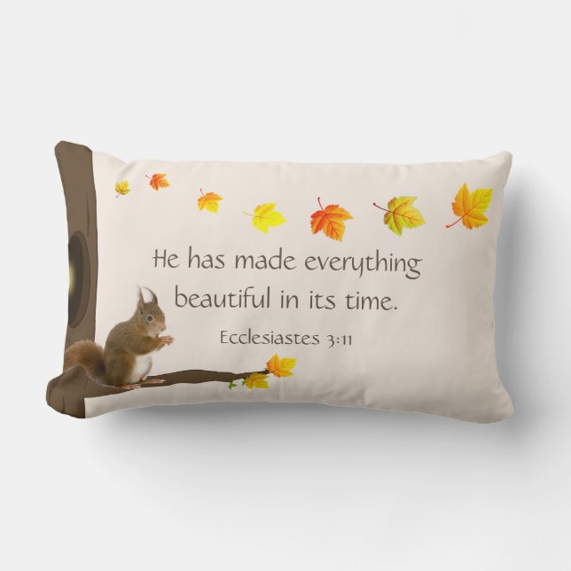 Cute Squirrel, Autumn Leaves & Bible Quote Lumbar Cushion (Front)