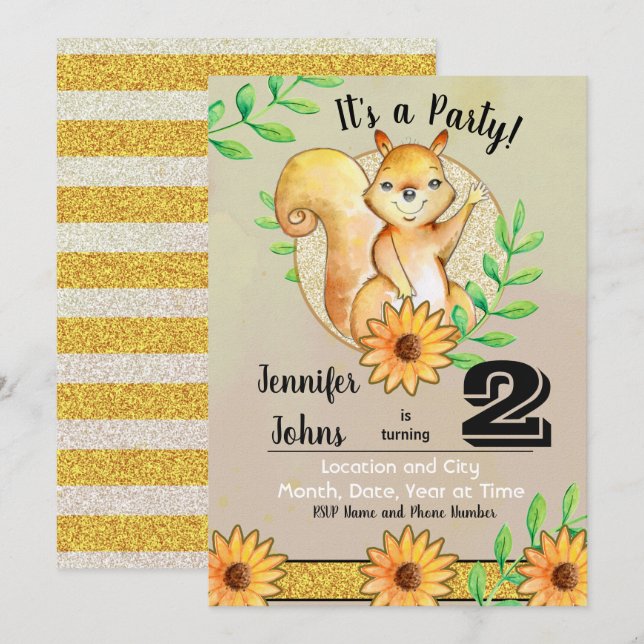Cute Squirrel Birthday Party Invitation (Front/Back)