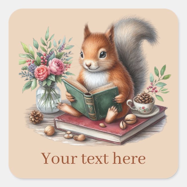 Cute squirrel book lover add text square sticker (Front)
