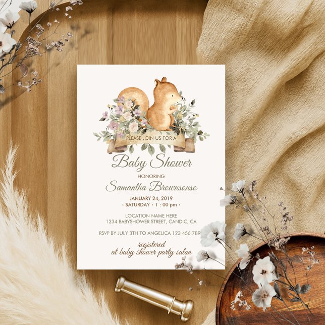 Cute Squirrel Botanical Ribbon Baby Shower Invitation (Creator Uploaded)