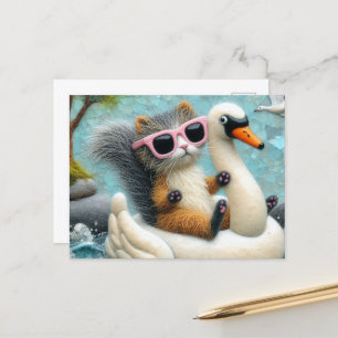 Cute Squirrel Cat Hybrid on a Swan Floatie Postcard