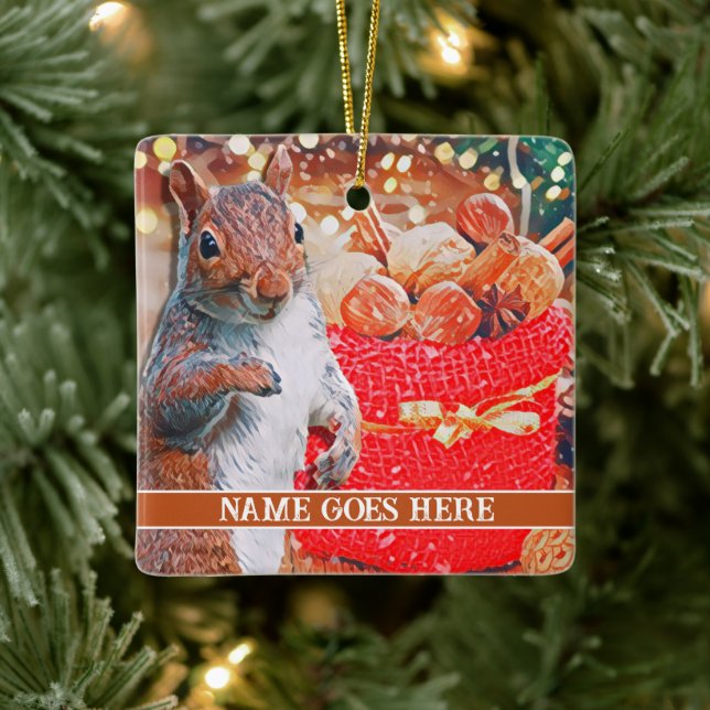 Cute Squirrel Customisable Christmas Nuts Ceramic Ornament (Tree)