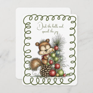 Cute Squirrel Decorating a Christmas Tree Holiday Card